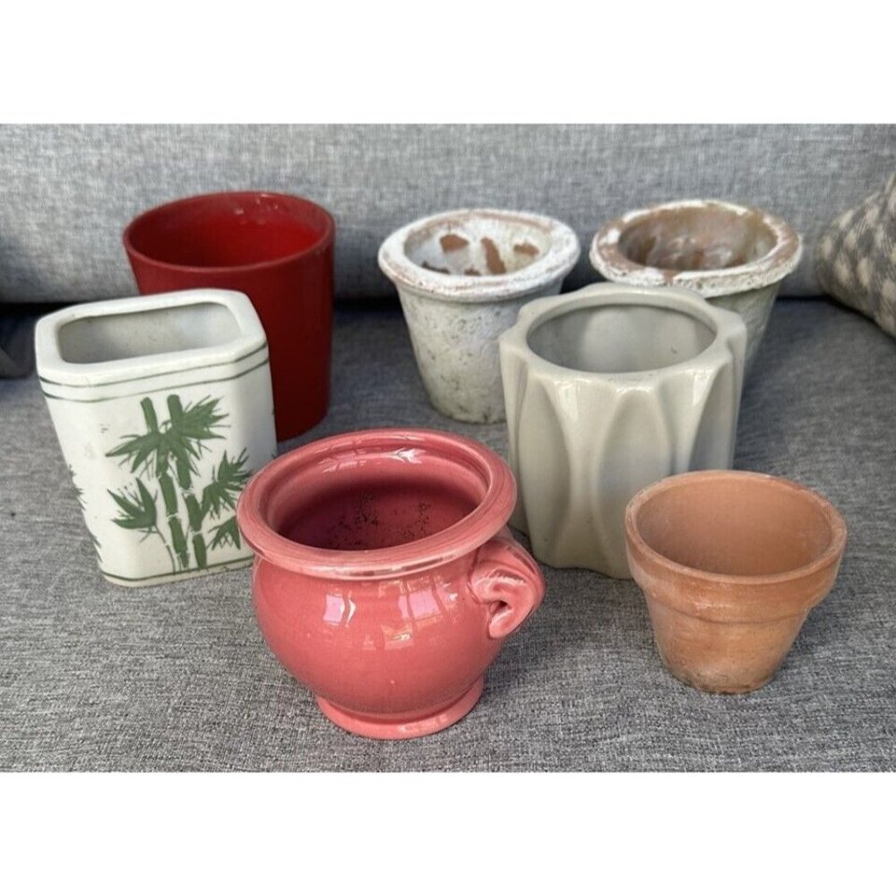 Set of 7 Small Miniature Planters Assorted Asian Whitewash Geometric Pink